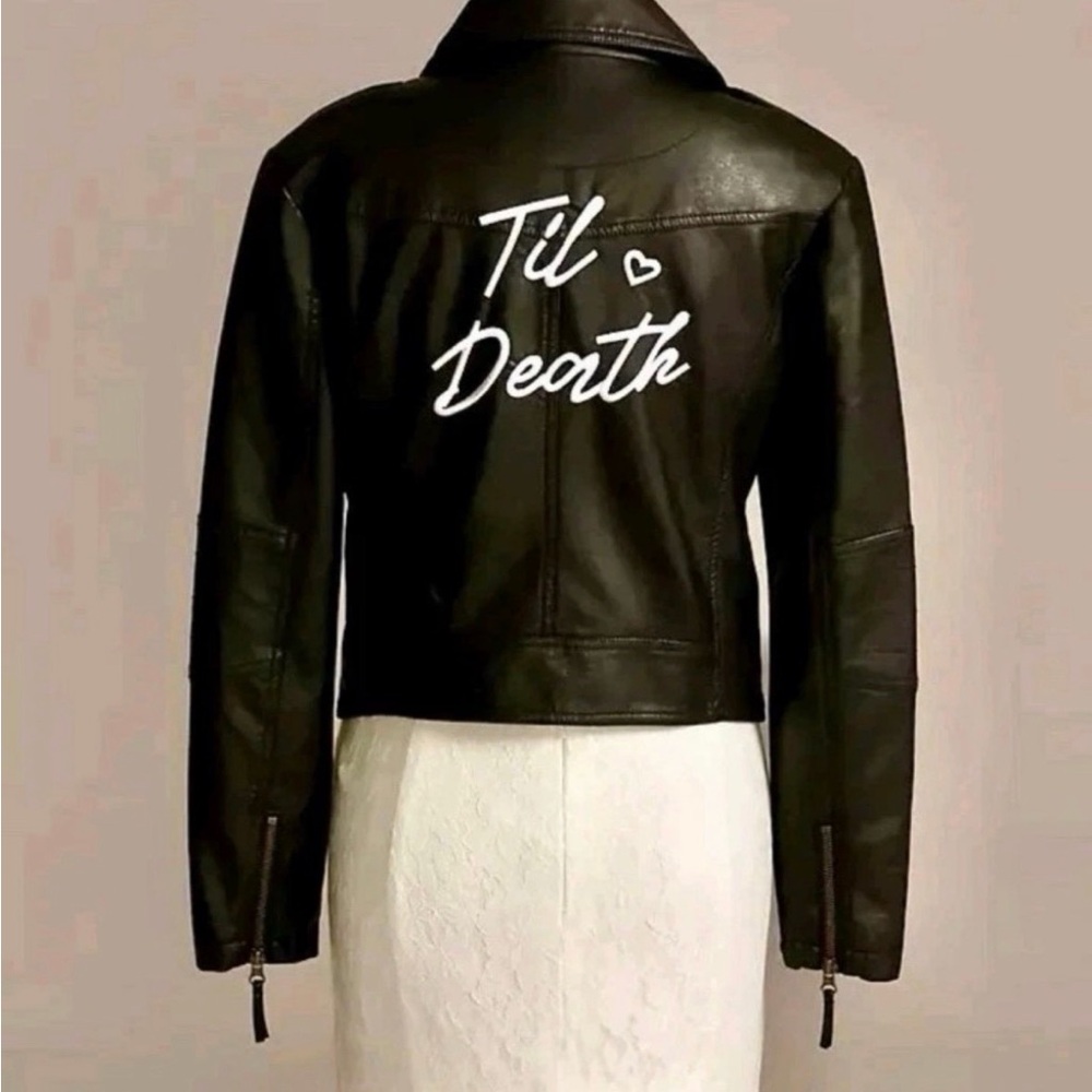 David's Bridal Black Leather Jacket with 'Til Death' Script